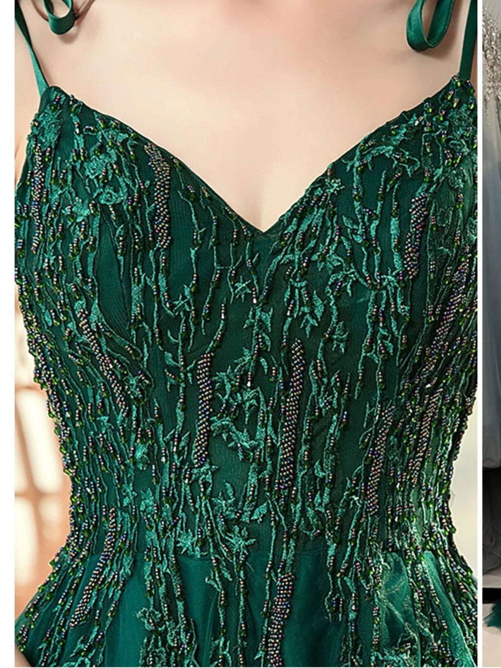 Zapaka A-Line Spaghetti Straps Dark Green Prom Dress with Beading - Picture 3 of 4